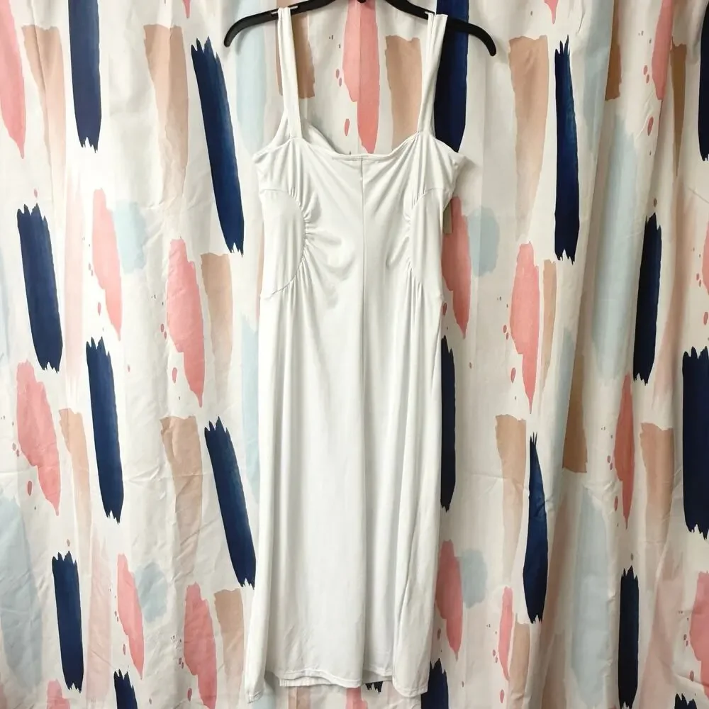 Halara Square Neck Ruched Split Midi Cool Touch Dress in White Size Large - Picture 12 of 16